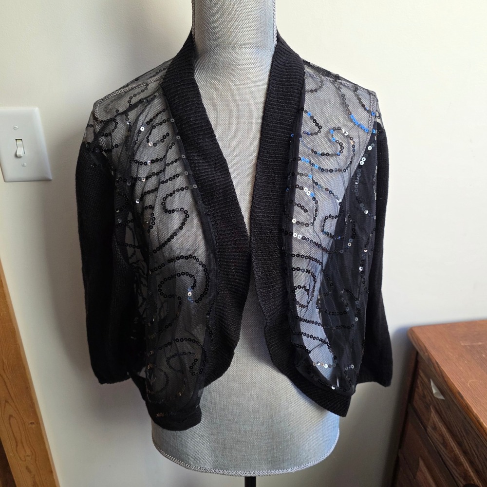 Black Sequin Mesh Bolero Cardigan Whimsigoth Dark Romantic Vamp Sheer 1X/2X